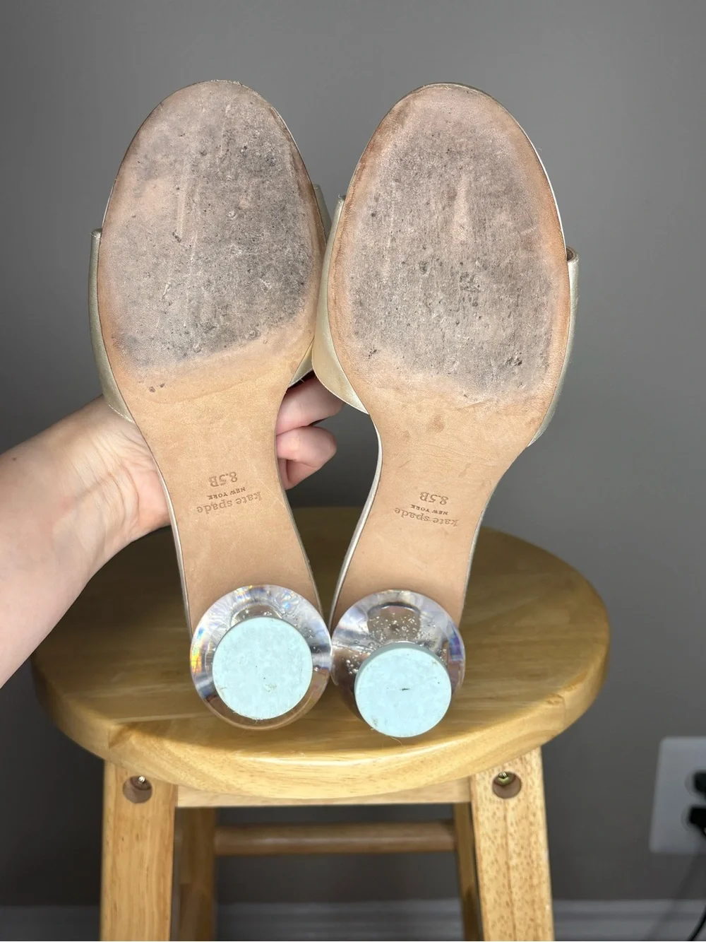 kate spade Champagne Satin Slide Heels with Clear Orb Heel